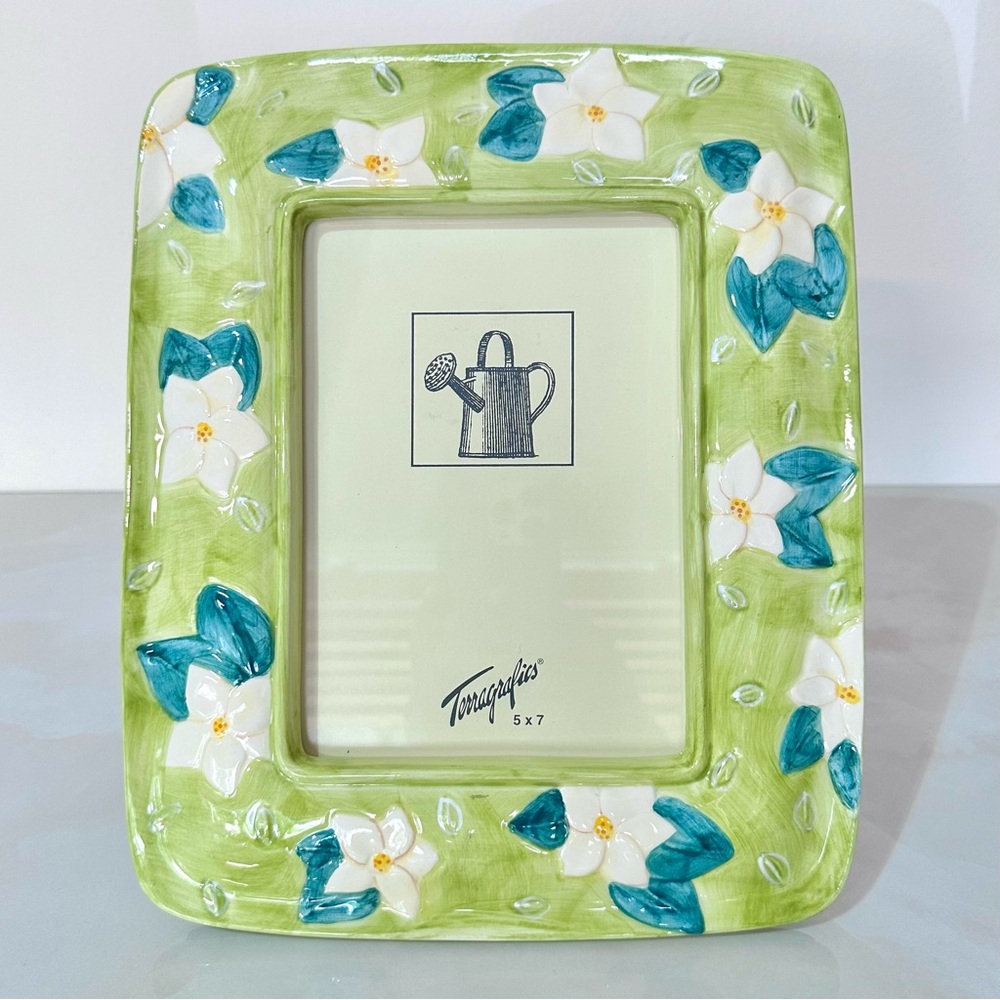 Vintage Terragrafics Floral Ceramic Picture Frame 5x7 Green White Daisy 1995